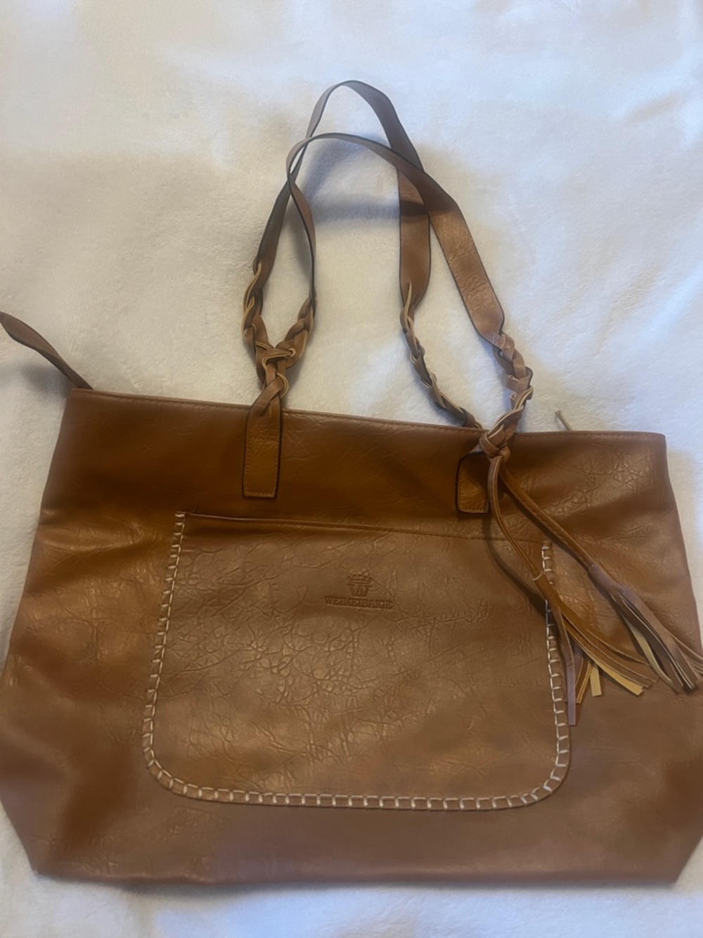 Women’s Tan Leather-Look Tote with Tassel Accent